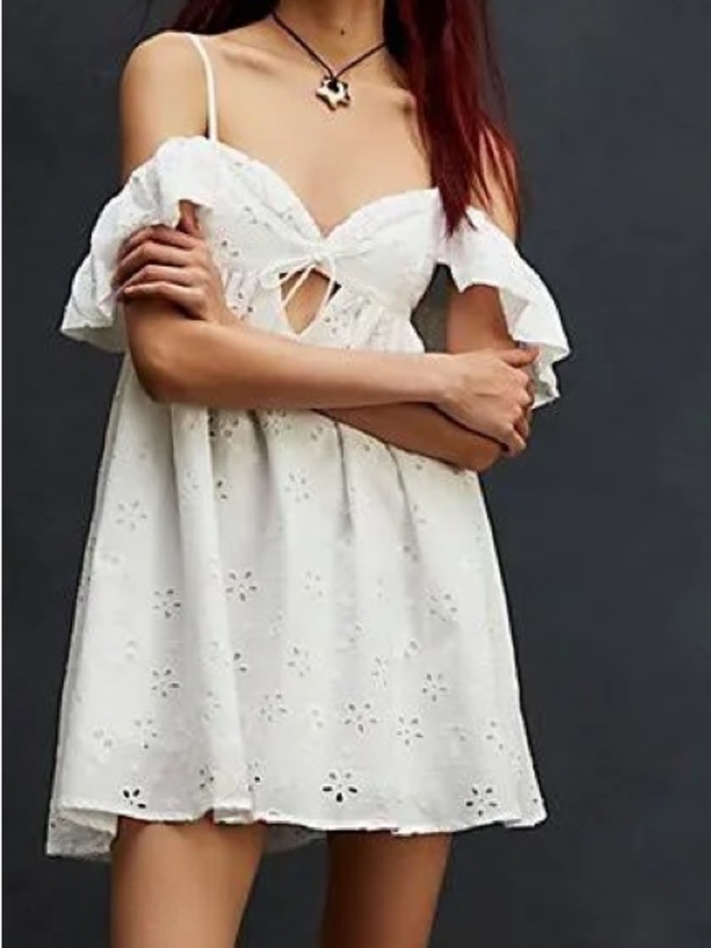 For Love & Lemons Weston Cotton Eyelet Off Shoulder Mini Dress in White, Sz M